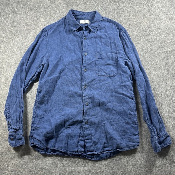 Uniqlo Shirt‎ Mens Large 100% Linen Blue Button Up Long Sleeve Runs Small? - Picture 2 of 9